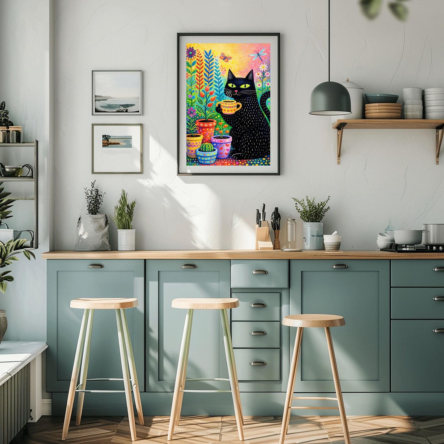 A vertical, colorful folk-art illustration of a black cat with green eyes holding a steaming yellow patterned mug. The cat has small white dashed lines for fur and is sitting next to several decorated flower pots containing a cactus and various colorful plants. A butterfly and a dragonfly fly in the upper portion of the image. The background is a bright, speckled gradient of yellow, pink, and orange.