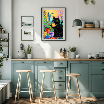A vertical, colorful folk-art illustration of a black cat with green eyes holding a steaming yellow patterned mug. The cat has small white dashed lines for fur and is sitting next to several decorated flower pots containing a cactus and various colorful plants. A butterfly and a dragonfly fly in the upper portion of the image. The background is a bright, speckled gradient of yellow, pink, and orange.