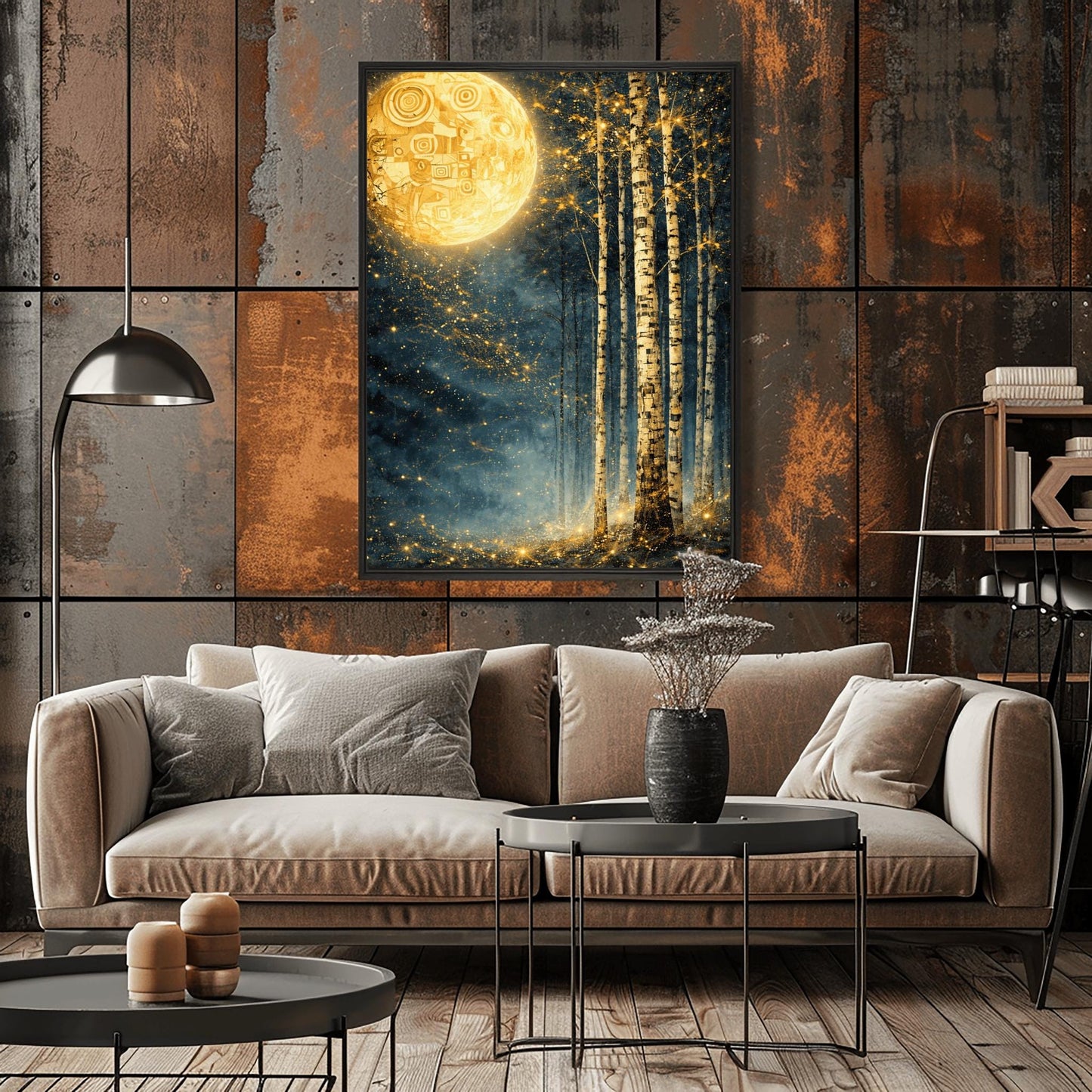 A vertical Art Nouveau illustration in the style of Gustav Klimt. A large, patterned golden moon sits in the upper left corner of a dark, misty teal forest. Slender birch trees stand on the right, while a swirl of golden stardust flows across the center.