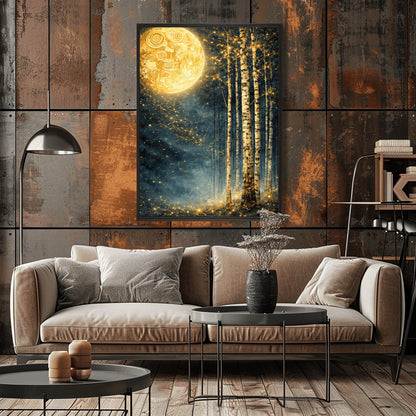 A vertical Art Nouveau illustration in the style of Gustav Klimt. A large, patterned golden moon sits in the upper left corner of a dark, misty teal forest. Slender birch trees stand on the right, while a swirl of golden stardust flows across the center.