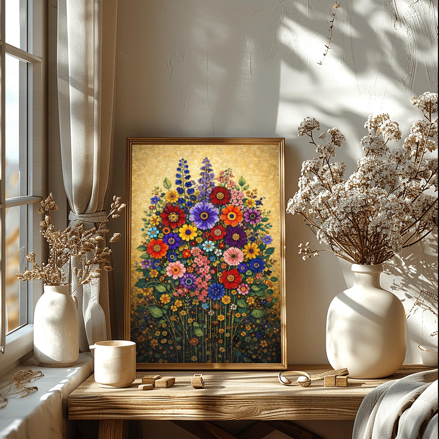A vertical art print in the style of Gustav Klimt featuring a dense bouquet of colorful wildflowers. The flowers, including red, purple, and orange zinnias and tall blue delphiniums, are rendered as intricate mosaics with geometric patterns. The entire arrangement is set against a shimmering, gold-tiled background that glows with metallic light. The style is highly decorative, maximalist, and vibrant.