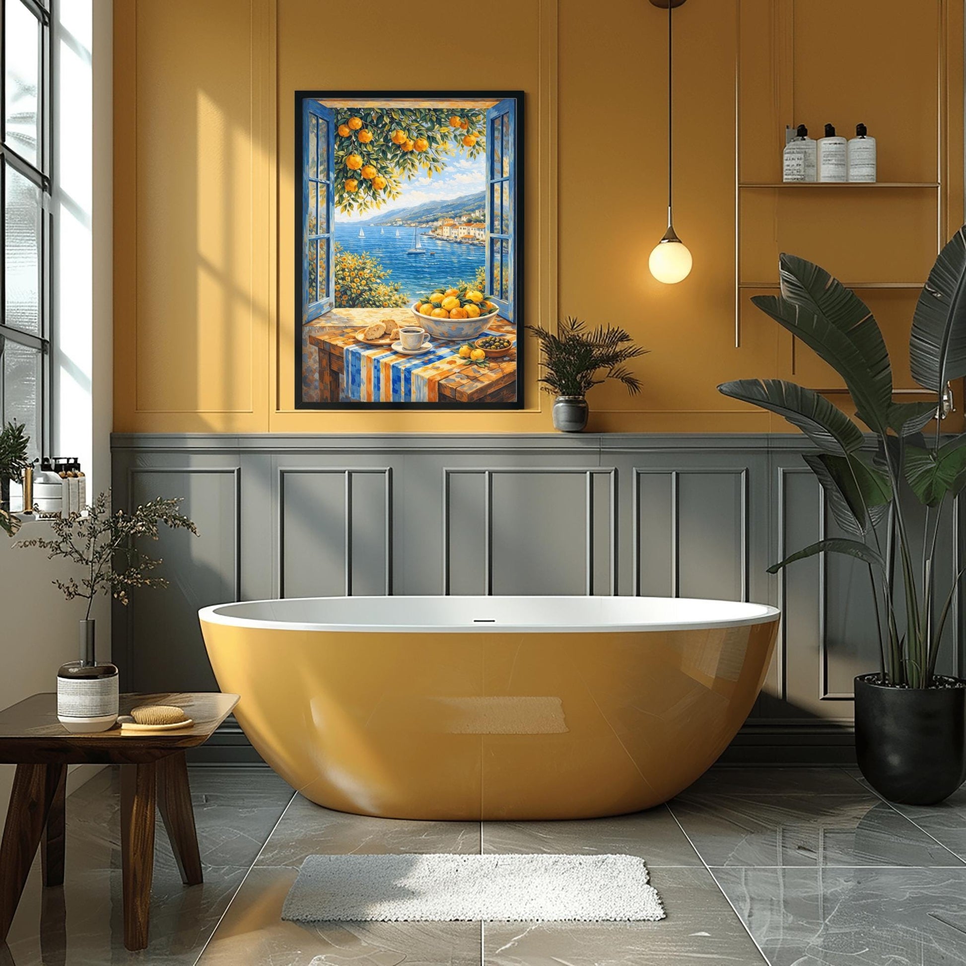 A vertical painterly illustration of a breakfast table in front of an open window with blue shutters. On the table is a cup of coffee, croissants, olives, and a bowl of oranges. Outside the window is a blue sea with sailboats and a coastal town under a bright sky.