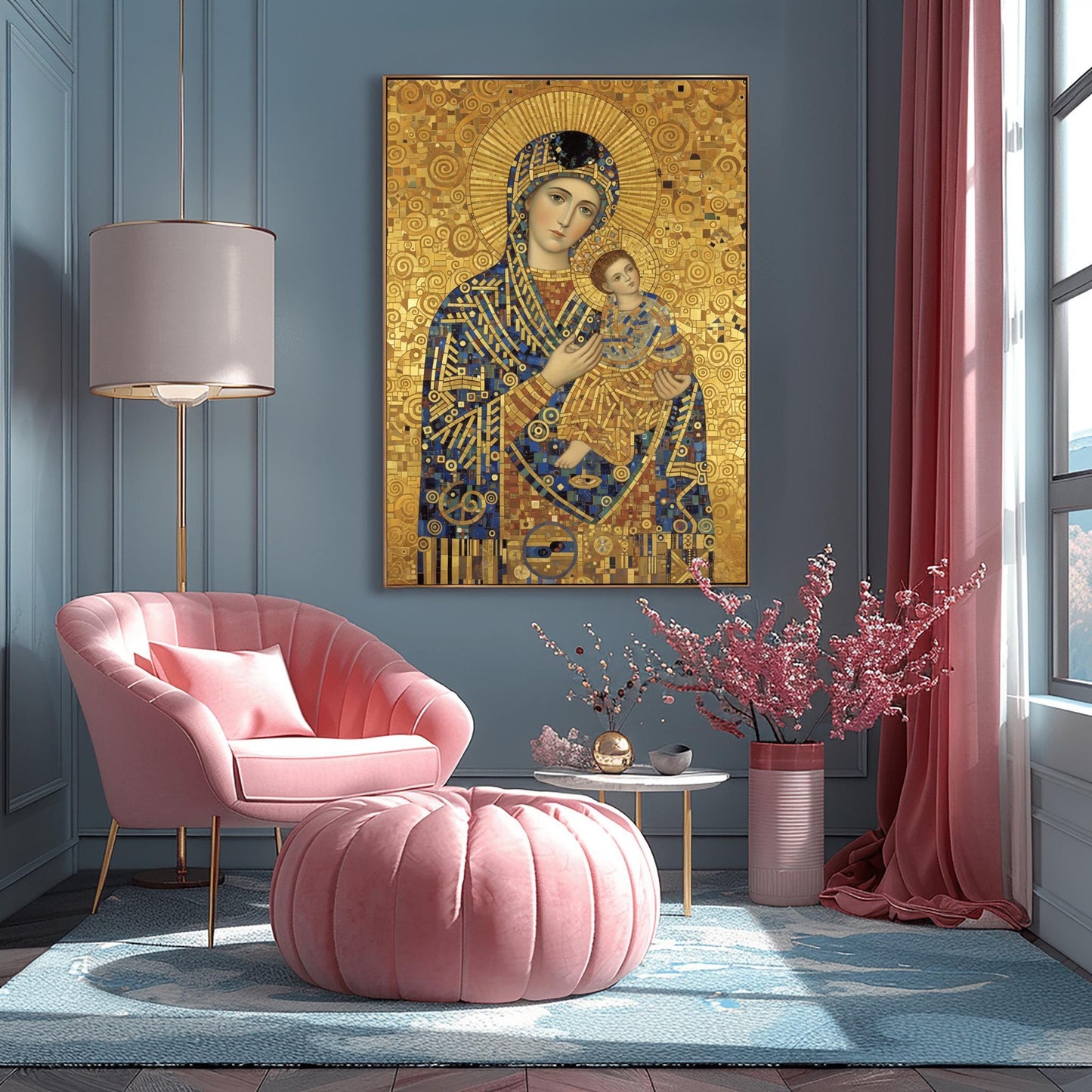 A vertical fine art print in the style of Gustav Klimt. A Madonna and Christ Child are depicted in a modern Byzantine style. Their robes are made of intricate gold and blue mosaic patterns. The Madonna has a large gold ray halo, and the entire background is a textured gold leaf with swirling spiral motifs.