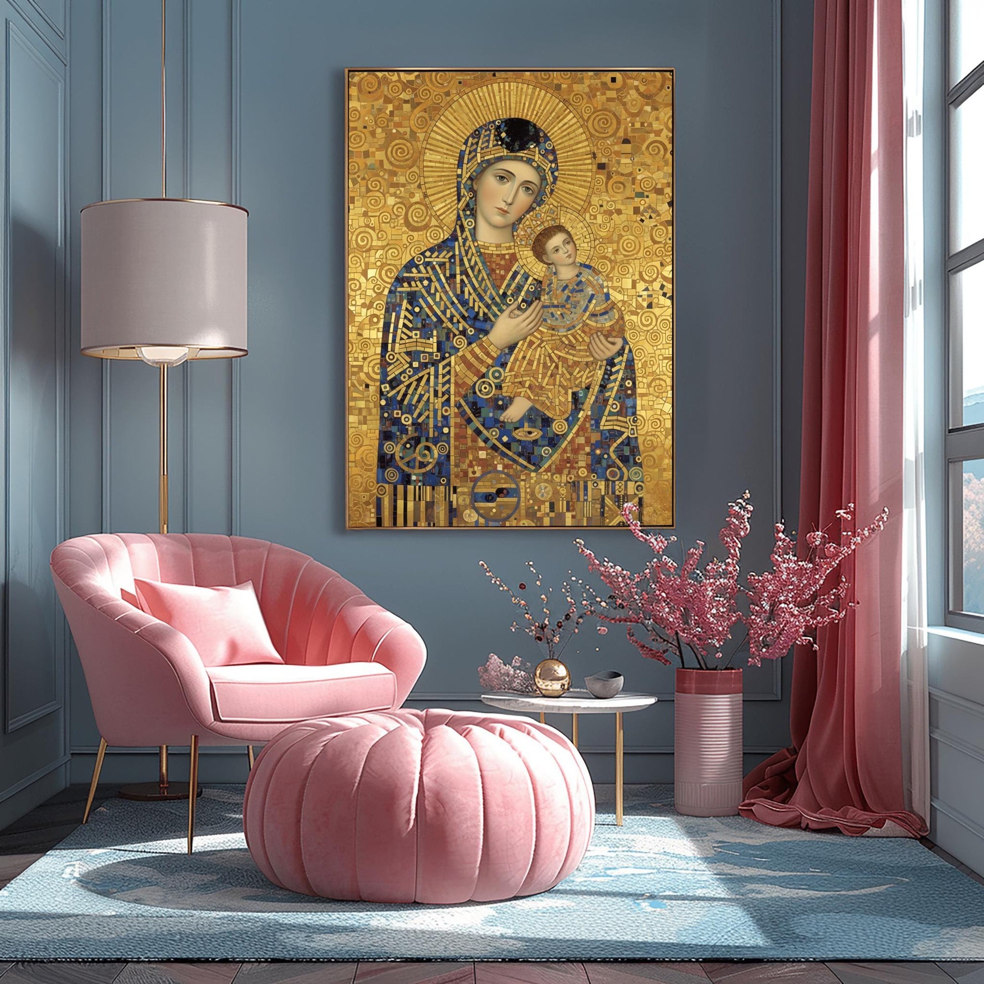 A vertical fine art print in the style of Gustav Klimt. A Madonna and Christ Child are depicted in a modern Byzantine style. Their robes are made of intricate gold and blue mosaic patterns. The Madonna has a large gold ray halo, and the entire background is a textured gold leaf with swirling spiral motifs.