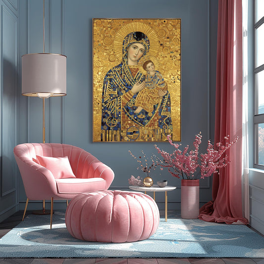 A vertical fine art print in the style of Gustav Klimt. A Madonna and Christ Child are depicted in a modern Byzantine style. Their robes are made of intricate gold and blue mosaic patterns. The Madonna has a large gold ray halo, and the entire background is a textured gold leaf with swirling spiral motifs.