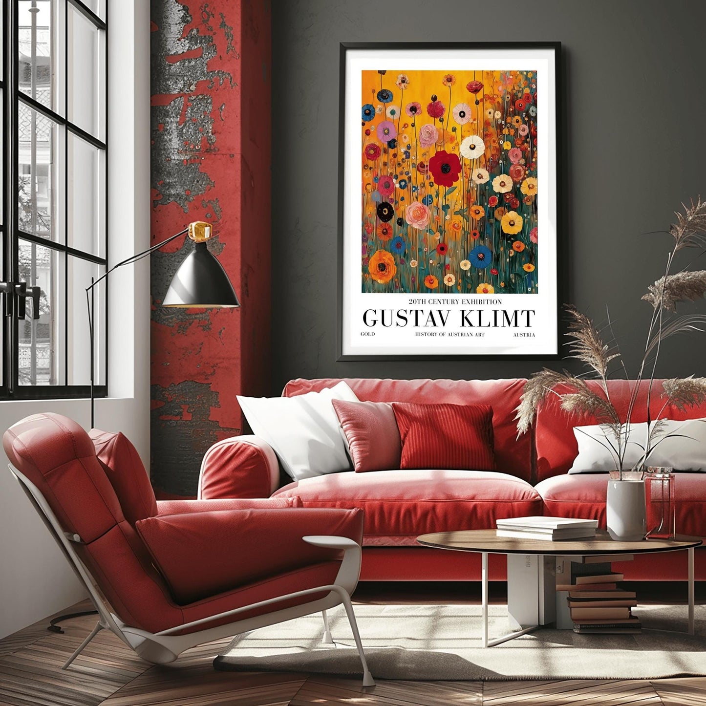 A vertical museum exhibition poster featuring a colorful wildflower meadow in the style of Gustav Klimt. Red, blue, and yellow flowers on thin stalks grow against an amber background. Below the image, bold black text reads "GUSTAV KLIMT" and "20TH CENTURY EXHIBITION" against a white border.