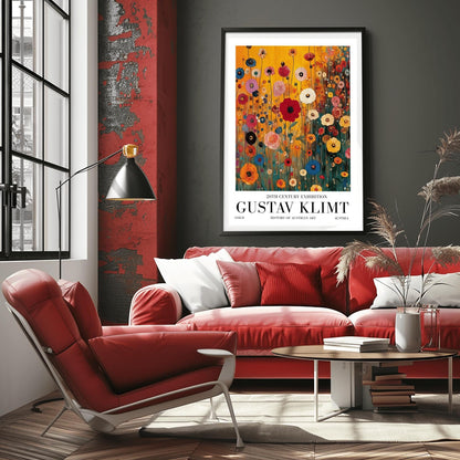 A vertical museum exhibition poster featuring a colorful wildflower meadow in the style of Gustav Klimt. Red, blue, and yellow flowers on thin stalks grow against an amber background. Below the image, bold black text reads "GUSTAV KLIMT" and "20TH CENTURY EXHIBITION" against a white border.
