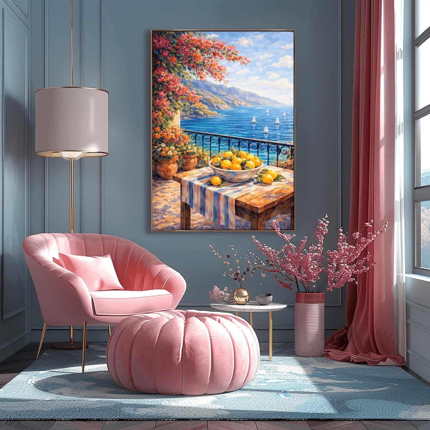 A vertical painterly illustration of a stone terrace with a black iron railing. A pink bougainvillea tree hangs from the top left over a wooden table with a bowl of oranges and lemons. Beyond the railing is a blue sea with white sailboats and a distant mountainous coastline.