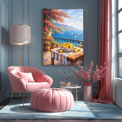 A vertical painterly illustration of a stone terrace with a black iron railing. A pink bougainvillea tree hangs from the top left over a wooden table with a bowl of oranges and lemons. Beyond the railing is a blue sea with white sailboats and a distant mountainous coastline.