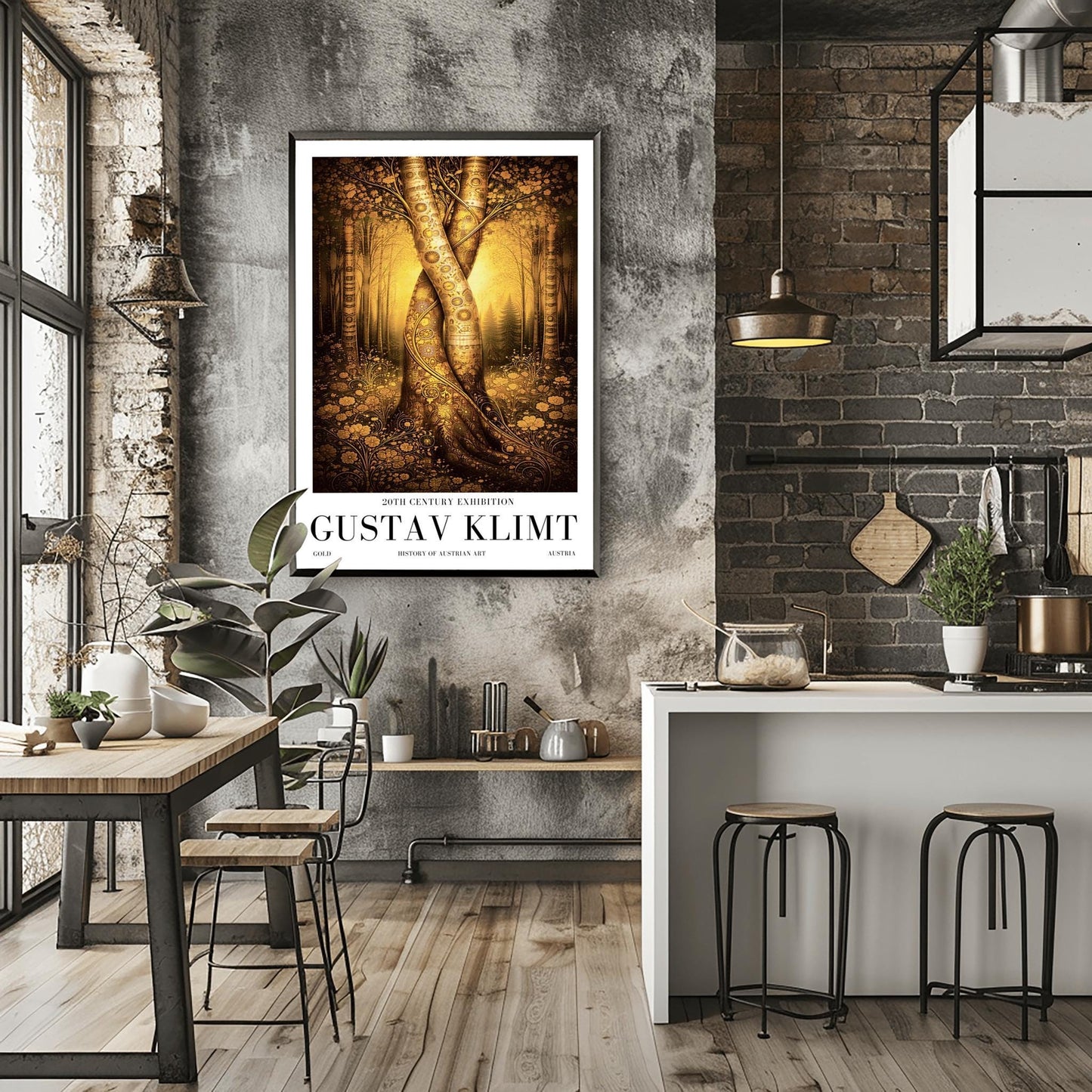 A vertical exhibition poster for Gustav Klimt. Two large tree trunks with golden mosaic patterns are entwined and twisted together in the center of a sunlit forest. The background is a soft amber glow, and the foreground features detailed golden flowers. White border with black text at the bottom.