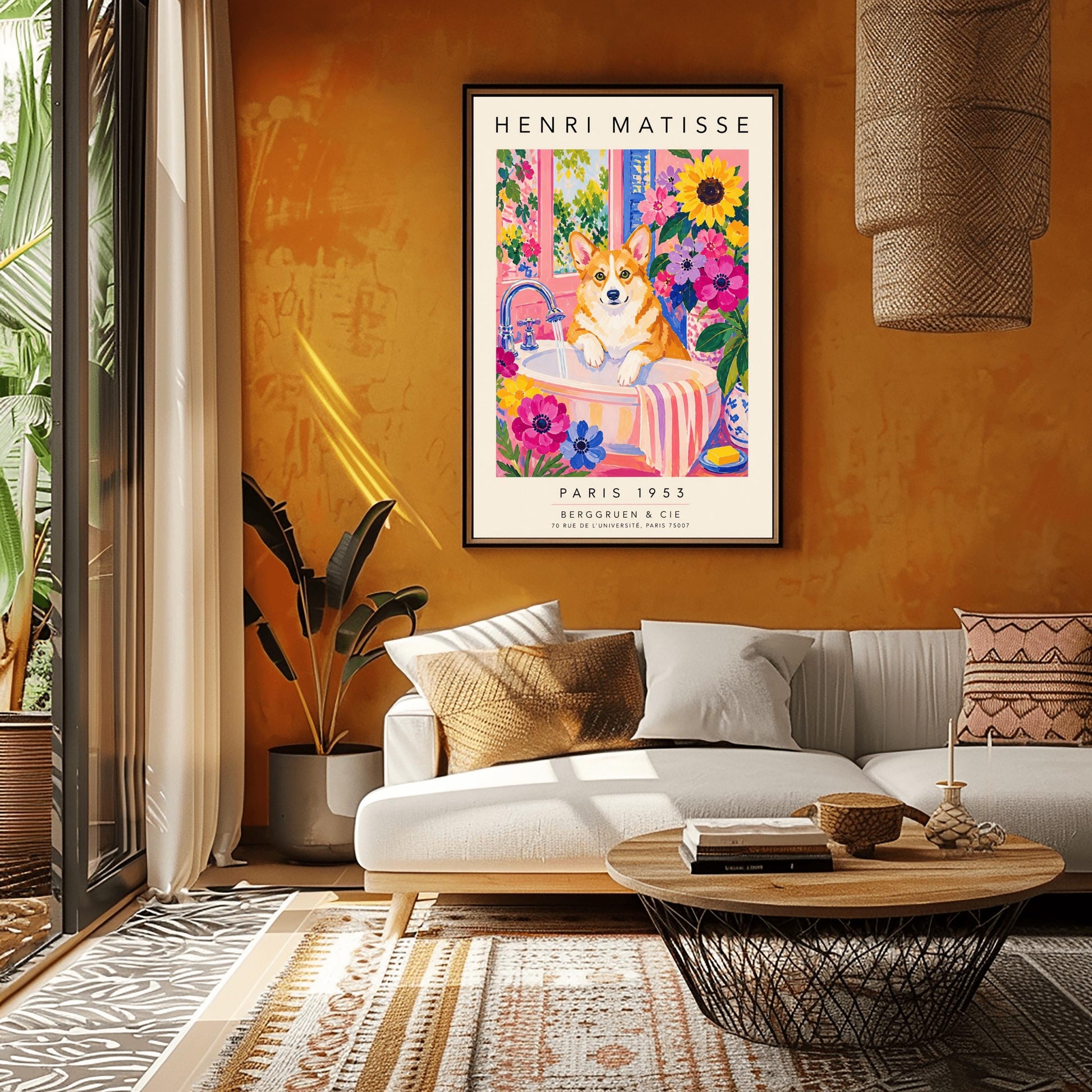 A vertical maximalist art print styled as a Henri Matisse exhibition poster. A tan and white Pembroke Welsh Corgi dog with large ears stands in a white bathroom sink under a running silver faucet. The room features pink walls and is filled with large sunflowers and pink and purple blossoms. A pink and white striped towel hangs from the side of the sink. A window in the background looks out onto a leafy green garden. Bold black text at the top and bottom