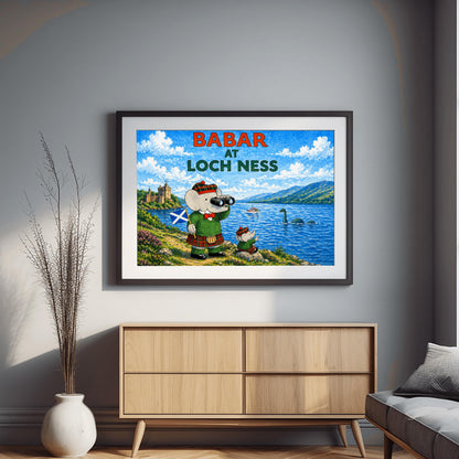 A horizontal watercolor-style illustration of Babar the Elephant in Scotland. Babar is on the left, wearing a green jacket and a red and green plaid kilt and hat. He holds a Scottish flag and looks through binoculars at Loch Ness. A smaller elephant in matching tartan sits on a rock nearby, pointing at a green long-necked sea monster in the water. In the background, a castle sits on a grassy hill to the left, and blue mountains rise behind the lake under a cloudy sky.