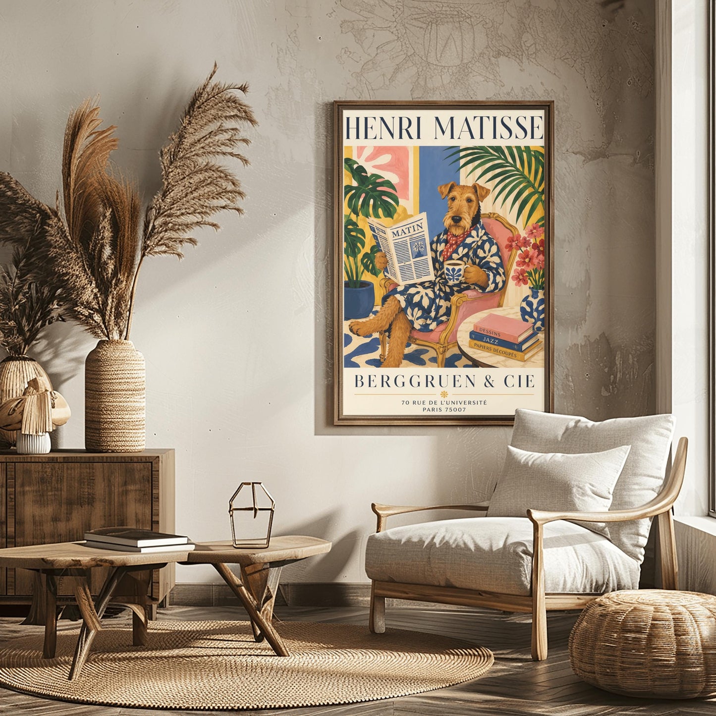 A vertical retro French exhibition poster for Henri Matisse Côte d'Azur on a wide ivory border, as seen in Screenshot 2026-06-06 at 23.18.59.png. The main image shows a beautiful summer illustration of a stone terrace overlooking the blue Mediterranean Sea where two white sailboats float. On the terrace, two women wearing white dresses and straw hats sit facing the water. To the left stands a green lemon tree with yellow fruit and large pots of pink and white flowers.