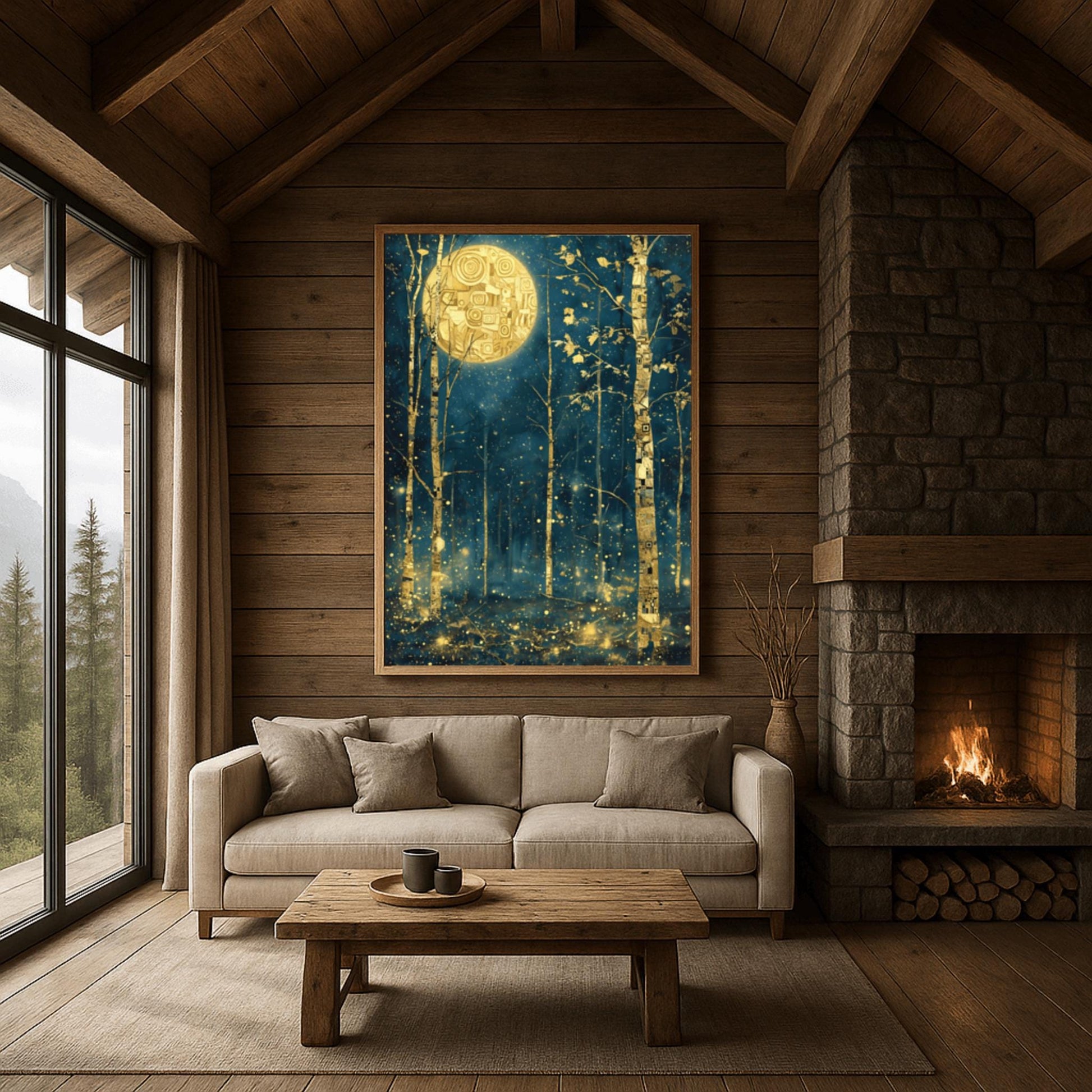 A vertical painting in the style of Gustav Klimt. Slender birch trees with gold-leaf bark and black geometric patterns stand in a dark navy forest at night. A large, bright gold moon with mosaic spirals hangs in the sky. The air is filled with glowing golden dots and fireflies. The overall style is rich in texture and golden ornamentation against a deep blue background.