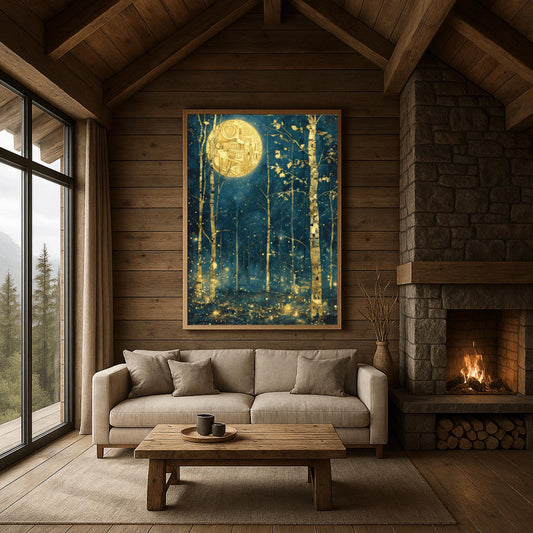 A vertical painting in the style of Gustav Klimt. Slender birch trees with gold-leaf bark and black geometric patterns stand in a dark navy forest at night. A large, bright gold moon with mosaic spirals hangs in the sky. The air is filled with glowing golden dots and fireflies. The overall style is rich in texture and golden ornamentation against a deep blue background.