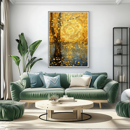 A vertical abstract landscape in the style of Gustav Klimt. A large, swirling golden sun hangs in a warm gold sky next to a dark tree trunk. Cascading golden discs fall from the tree like rain into dark blue water below. The entire scene is filled with intricate spiral textures and shimmering gold leaf effects.