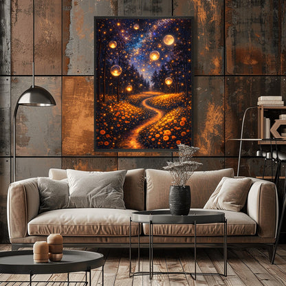 A vertical fine art print in the style of Gustav Klimt. Several large, glowing golden orbs float in a dark forest above a meadow of orange wildflowers. A winding path of golden light leads into the trees. The night sky is filled with a brilliant Milky Way and a large, glowing full moon.