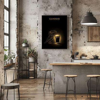 A vertical minimalist poster with a deep black background. In the center, a golden line-art silhouette of a toucan faces a glowing, realistic pint of Guinness beer. The pint has a bright white head and gold text. At the top, the word "GUINNESS" is written in gold.
