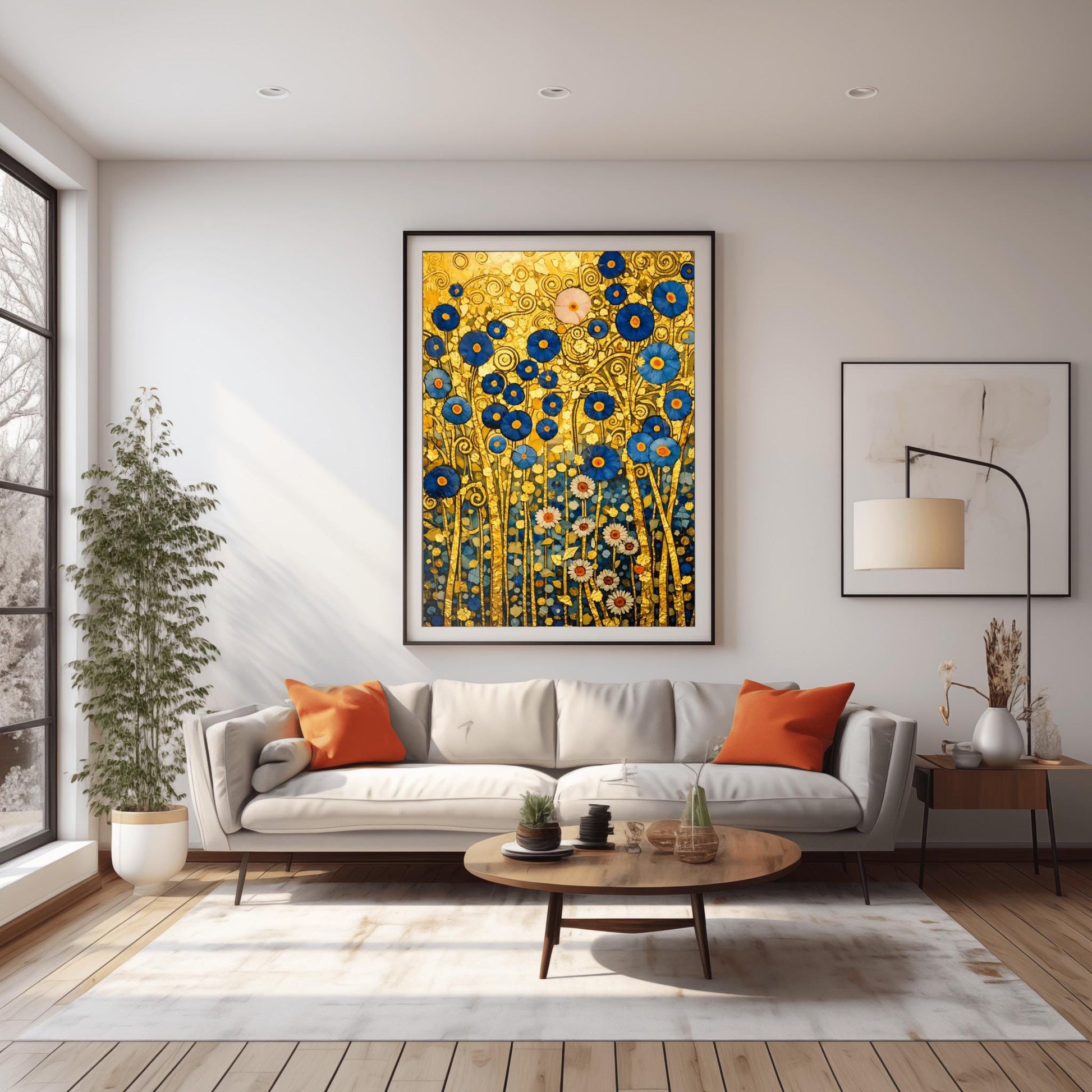 A vertical fine art landscape in the style of Gustav Klimt. A dense cluster of deep blue flowers with gold centers and white daisies grows against a textured gold leaf background filled with spirals and geometric patterns. The stems are slender and golden, creating a rich, mosaic-like botanical tapestry.