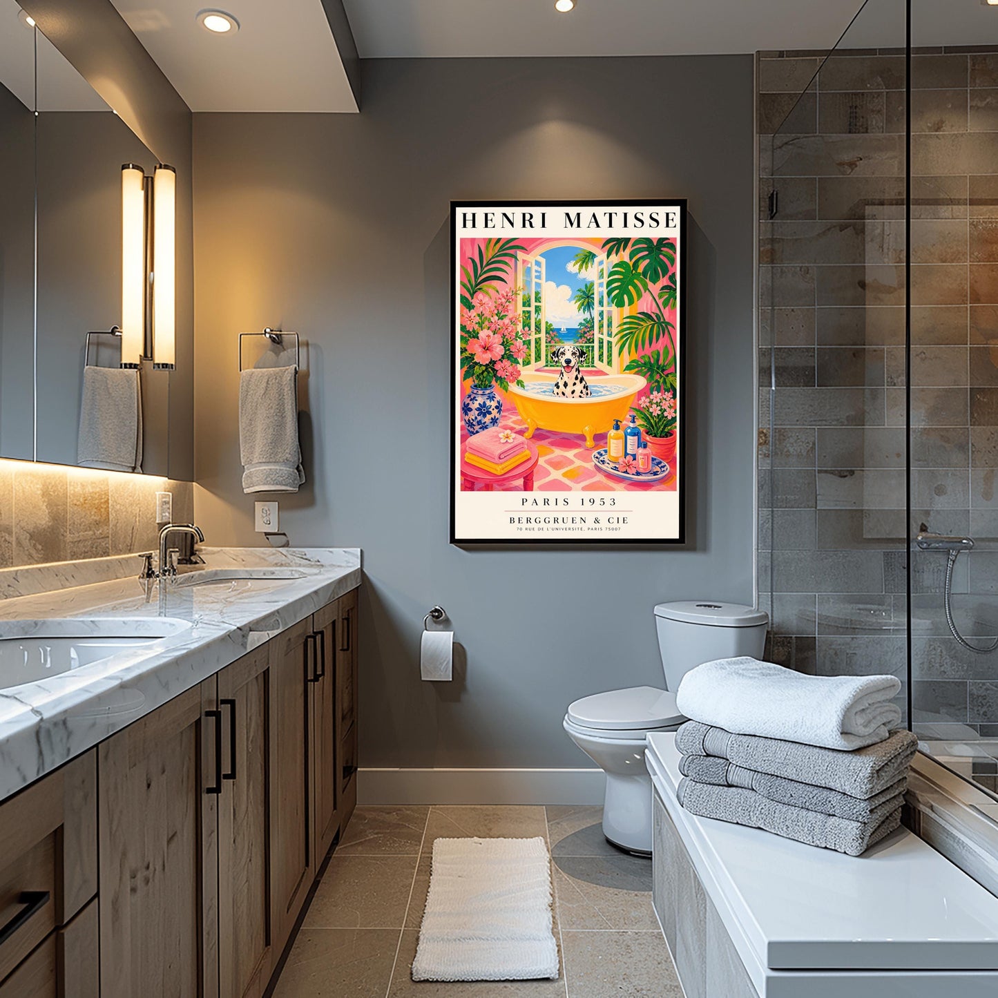 A vertical maximalist art print styled as a Henri Matisse exhibition poster. A black and white spotted Dalmatian dog with its tongue out sits happily in a bright yellow clawfoot bathtub filled with water. The bathroom has hot pink walls, pink and yellow checkered tiles, and is filled with lush green tropical plants and pink flowers. Open arched doors in the background show a view of a blue sea with a white sailboat and palm trees. Bold black text at the top