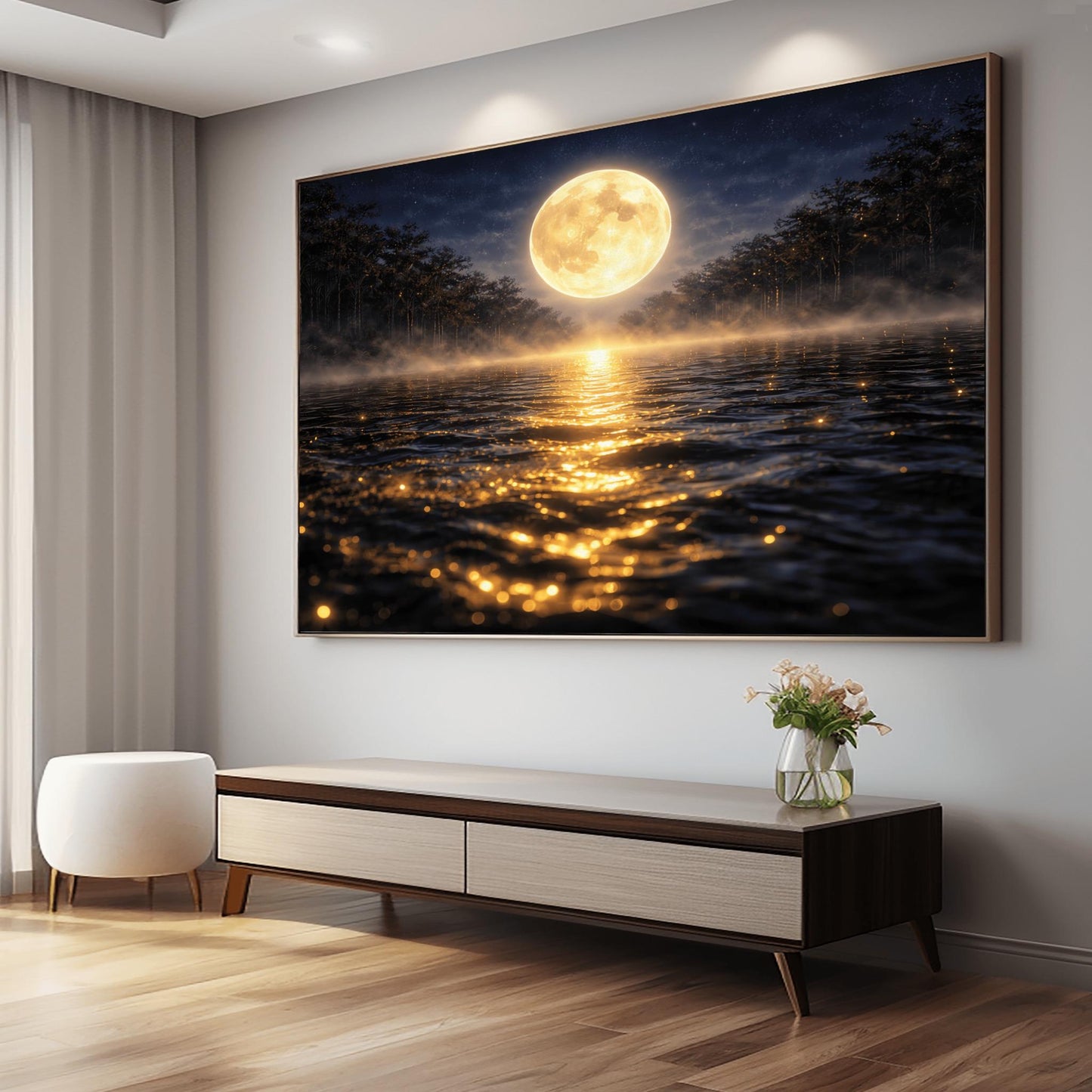 A horizontal landscape art print in the style of Gustav Klimt. A large, luminous golden moon hangs in a dark, starlit sky over a calm lake. A brilliant trail of golden light reflects across the dark water toward the viewer. Low-lying mist rolls across the lake's surface, and silhouetted dark trees line the distant shore. The overall color palette is a striking contrast of deep midnight blue and radiant metallic gold.