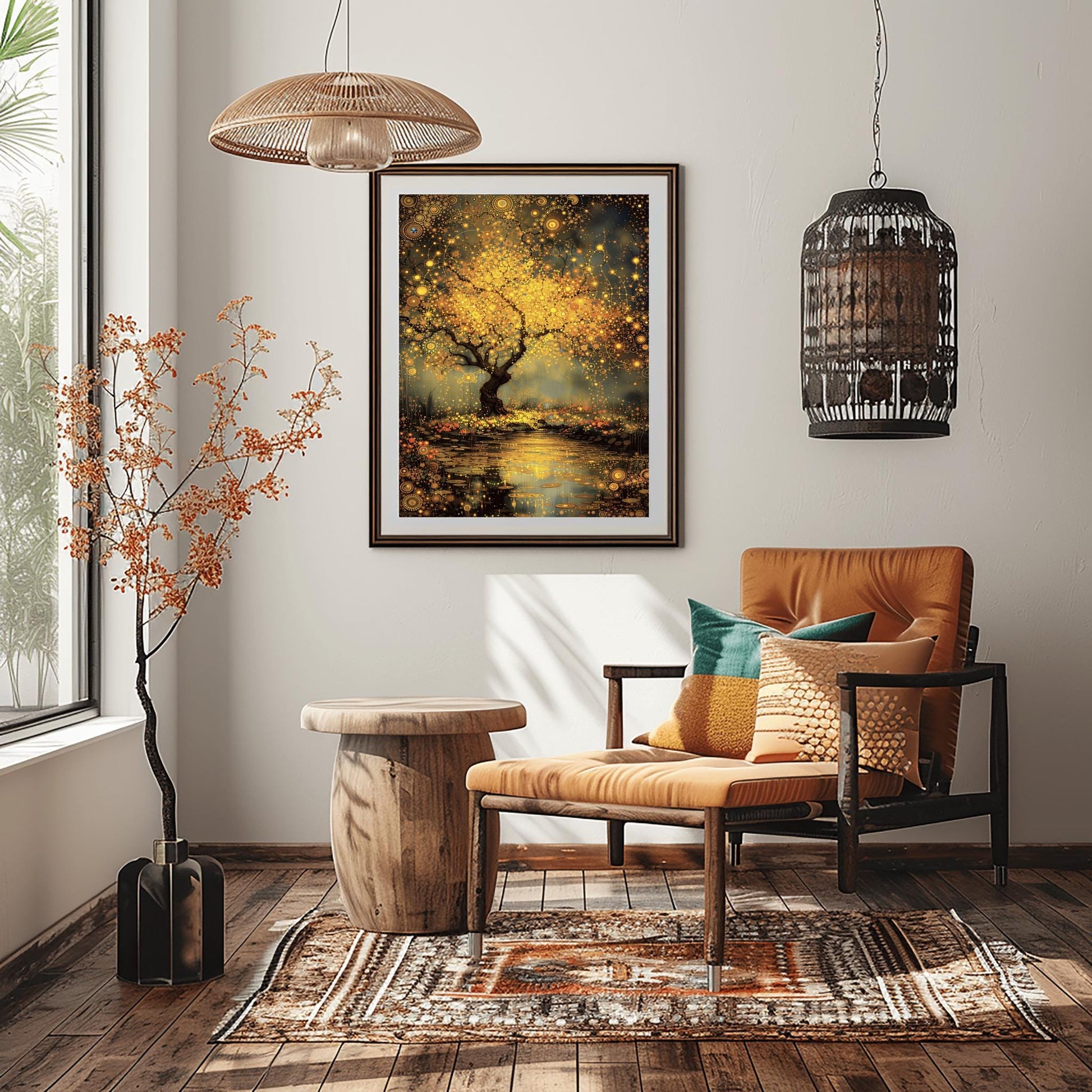 A vertical, highly detailed painting in the style of Gustav Klimt. A large tree with a dark, twisted trunk stands beside a dark pond. The tree's branches are a dense explosion of golden circular patterns, spirals, and mosaic-like flowers. The pond below reflects the golden light and is dotted with glowing lily pads. The background is a moody, textured grey-green. The entire scene is rich with golden textures and intricate geometric details.