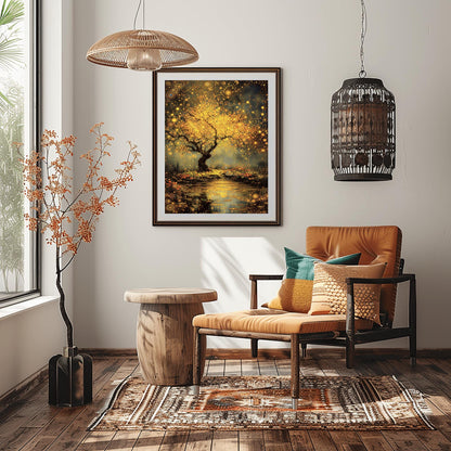 A vertical, highly detailed painting in the style of Gustav Klimt. A large tree with a dark, twisted trunk stands beside a dark pond. The tree's branches are a dense explosion of golden circular patterns, spirals, and mosaic-like flowers. The pond below reflects the golden light and is dotted with glowing lily pads. The background is a moody, textured grey-green. The entire scene is rich with golden textures and intricate geometric details.