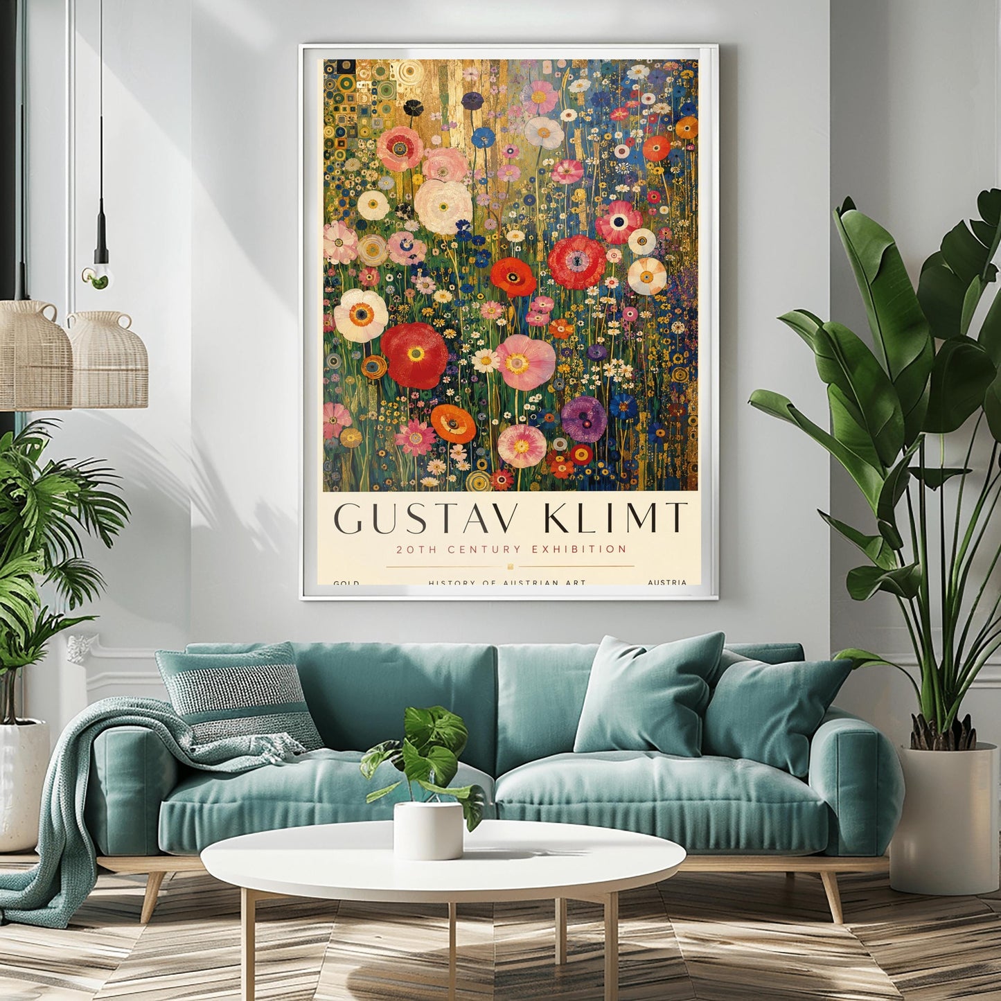 A vertical retro exhibition poster for Gustav Klimt set on a wide ivory border. The central image shows a detailed Art Nouveau illustration of a dense field of tall poppies and wildflowers in shades of red, pink, white, orange, and purple. The background behind the flowers features metallic gold patterns and concentric circles on the left, and a dark blue grid design on the right. The text at the top reads "GUSTAV KLIMT" in a clean black font