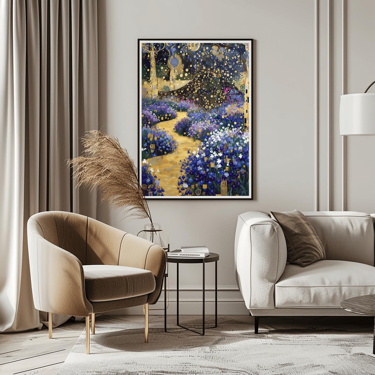 A vertical fine art print in the style of Gustav Klimt. A winding, textured golden path leads through a garden of blue and purple flowers. Stylized trees with golden mosaic patterns on their trunks stand on the sides under a dark blue sky filled with golden circles and star-like shapes.