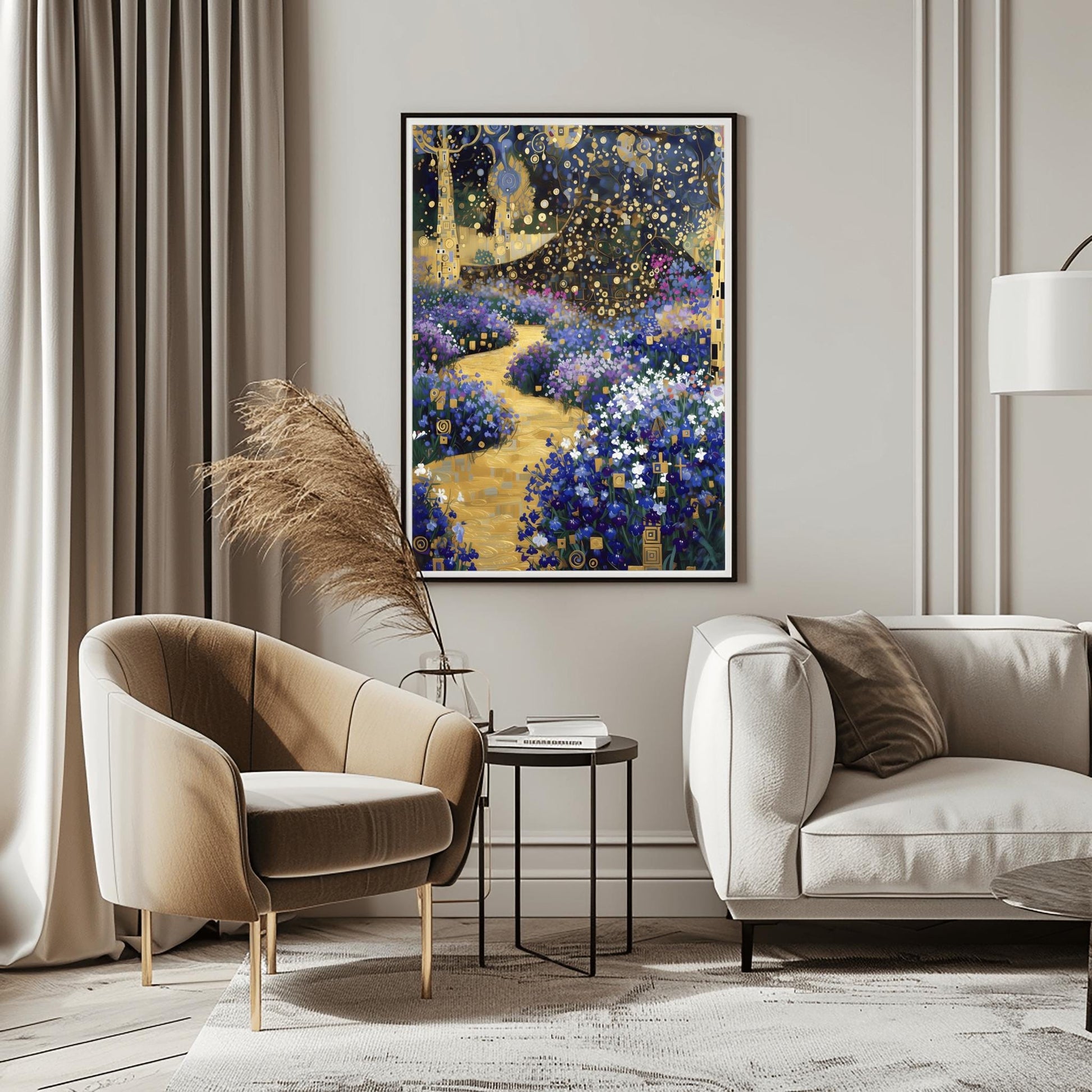 A vertical fine art print in the style of Gustav Klimt. A winding, textured golden path leads through a garden of blue and purple flowers. Stylized trees with golden mosaic patterns on their trunks stand on the sides under a dark blue sky filled with golden circles and star-like shapes.