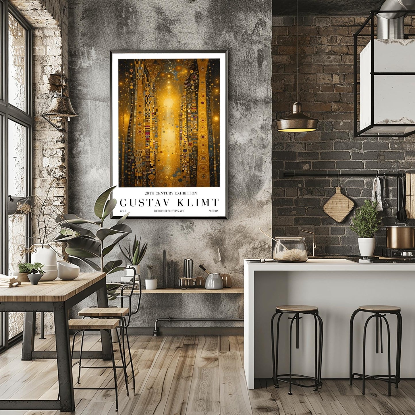 A vertical abstract painting in the style of Gustav Klimt. Several tall, narrow pillars filled with gold leaf textures and geometric patterns (circles, spirals, and squares) rise against a dark background filled with golden stardust. A central column of bright, shimmering light anchors the composition. The colors include brilliant gold, ochre, black, and touches of deep red and blue.