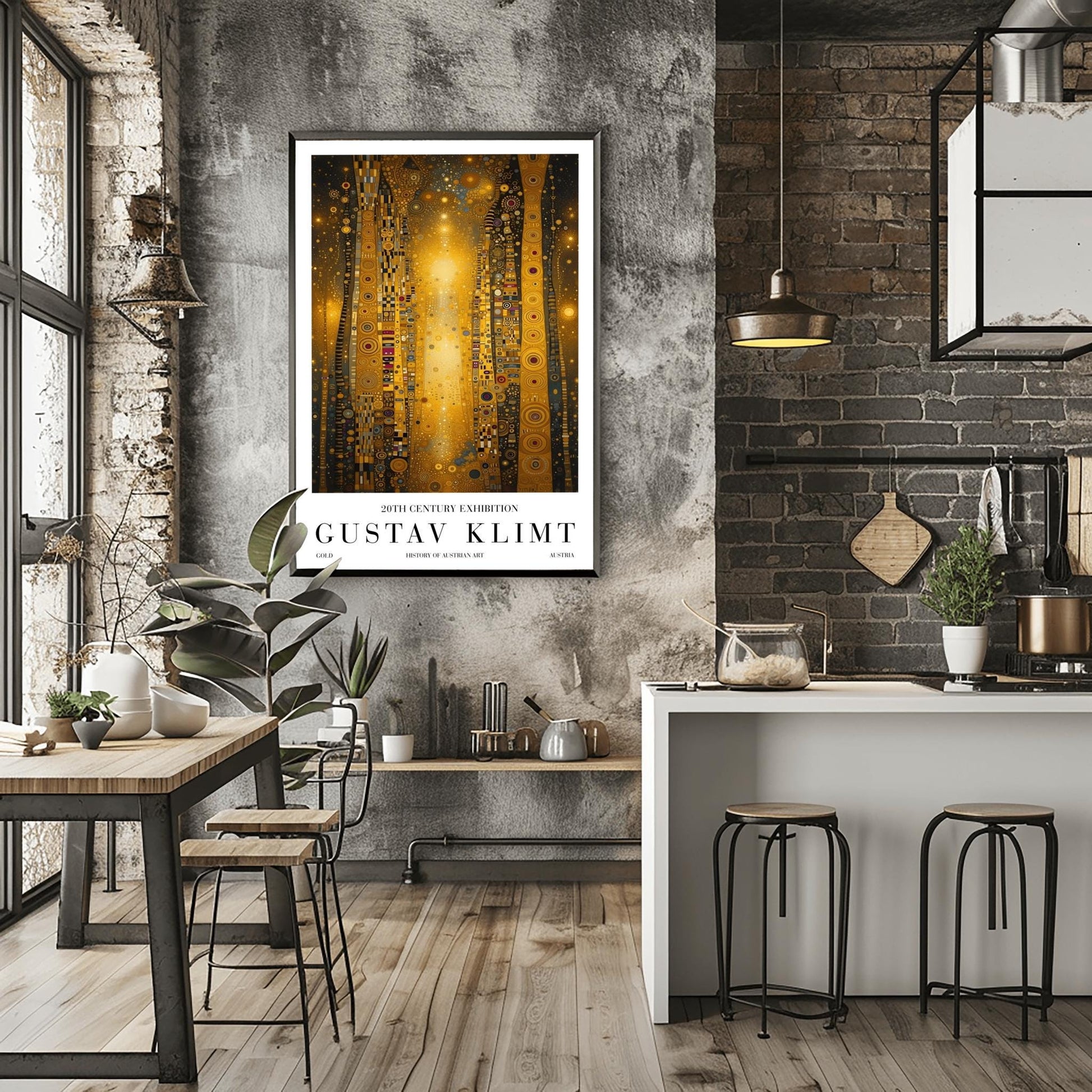 A vertical abstract painting in the style of Gustav Klimt. Several tall, narrow pillars filled with gold leaf textures and geometric patterns (circles, spirals, and squares) rise against a dark background filled with golden stardust. A central column of bright, shimmering light anchors the composition. The colors include brilliant gold, ochre, black, and touches of deep red and blue.