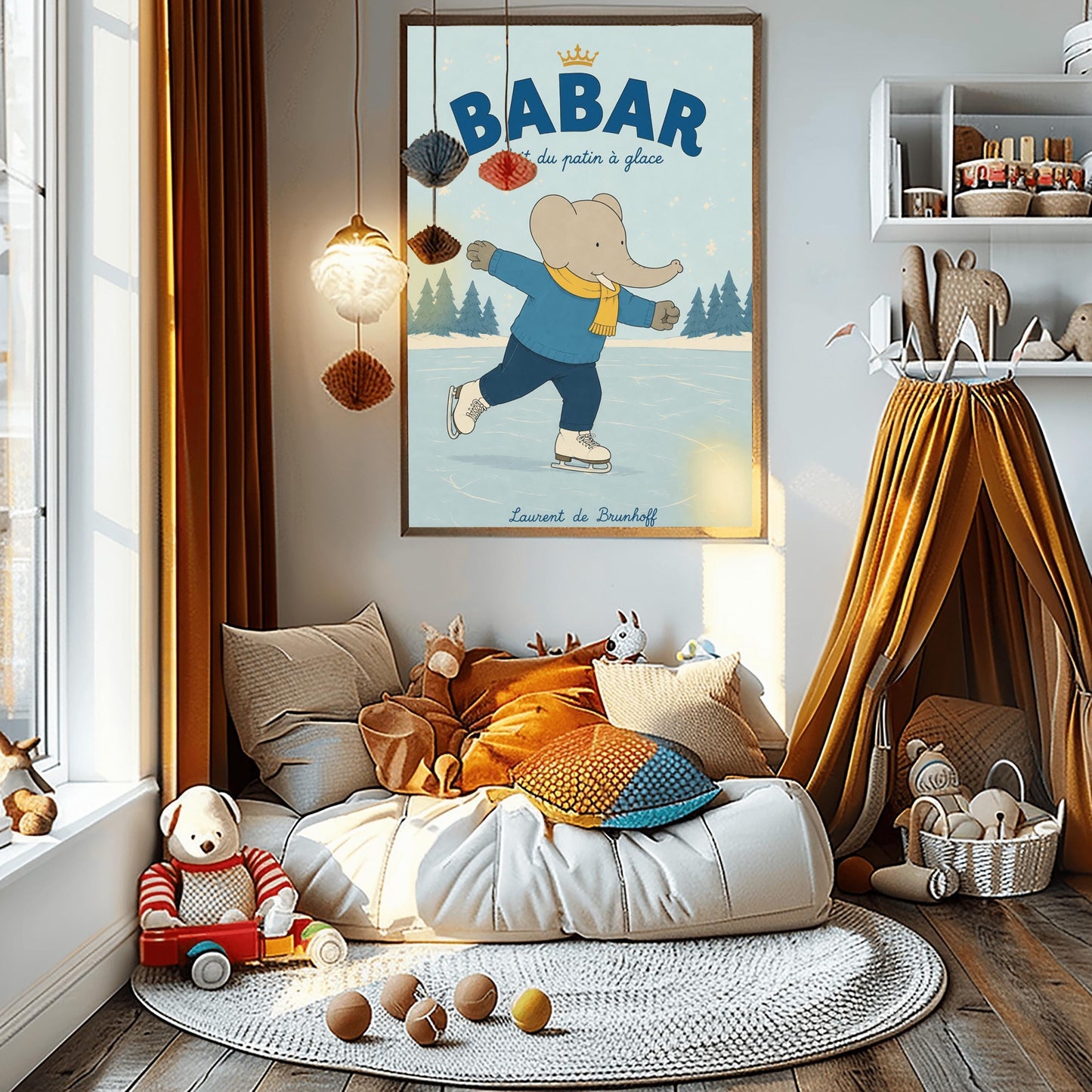 A vertical storybook-style art print featuring Babar the Elephant ice skating on a frozen pond. Babar is wearing a blue sweater, dark pants, a yellow scarf, and white ice skates. He is shown mid-stride with one leg lifted. The background consists of snowy pine trees under a light blue sky with falling snowflakes. The top of the print reads "BABAR fait du patin à glace" with a small gold crown.