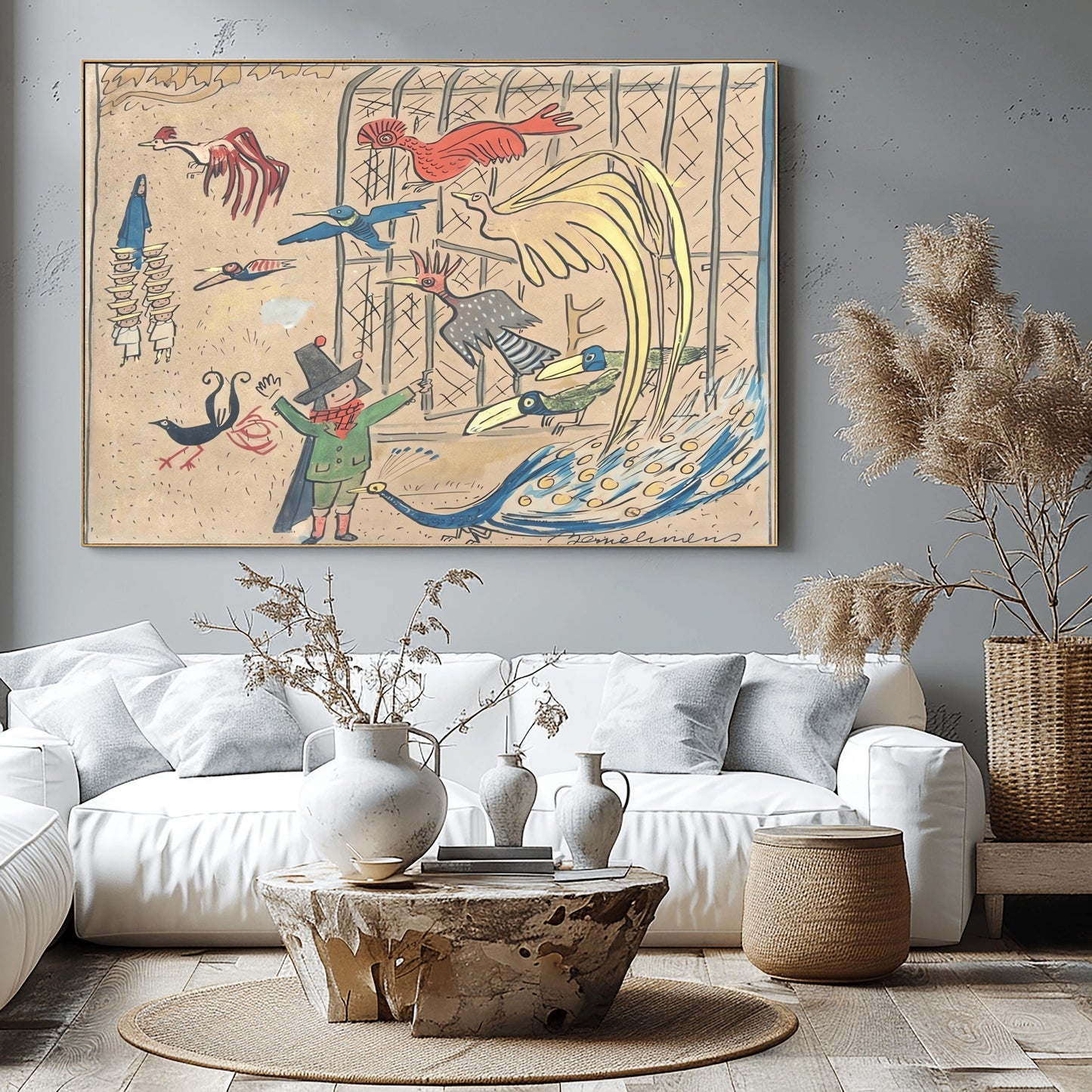 A horizontal whimsical illustration in a sketchy watercolor style. In the center, a large bird cage with diamond-patterned wire houses several exotic birds, including a large yellow bird with a long tail and a speckled grey bird. In the foreground, a blue peacock with spread feathers stands near a girl in a green coat and black hat. Other vibrant birds in red and blue fly throughout the scene. In the background, a nun leads a group of young girls in white coats.