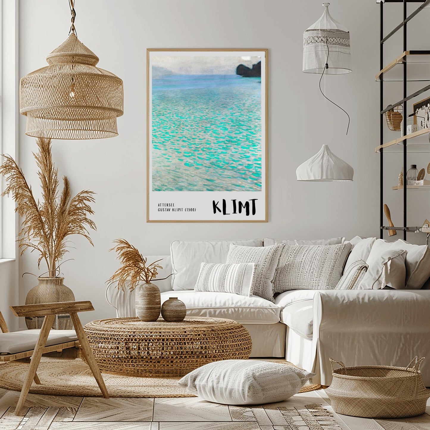 A vertical museum exhibition poster featuring Gustav Klimt's 1900 landscape painting "Attersee." The image depicts a close-up, shimmering view of a turquoise lake with a small dark island in the top right. The bottom border is soft grey with bold black text reading "ATTERSEE" and "KLIMT."