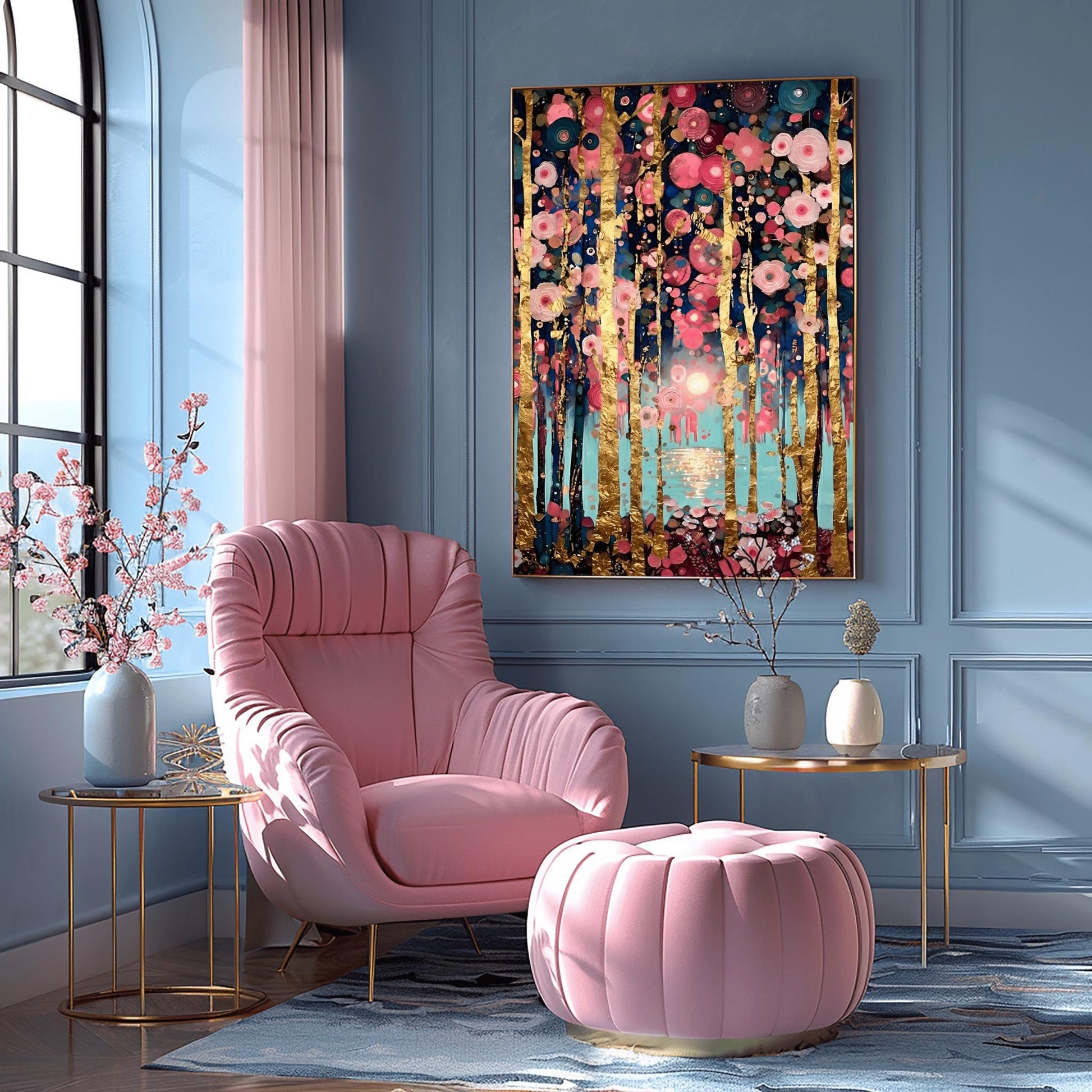 A vertical fine art print in the style of Gustav Klimt. Slender, textured gold leaf tree trunks stand against a soft teal and blue background. The branches are covered in a dense mosaic of pink and white circular flower patterns. A soft sun reflects in a pool of water in the center.
