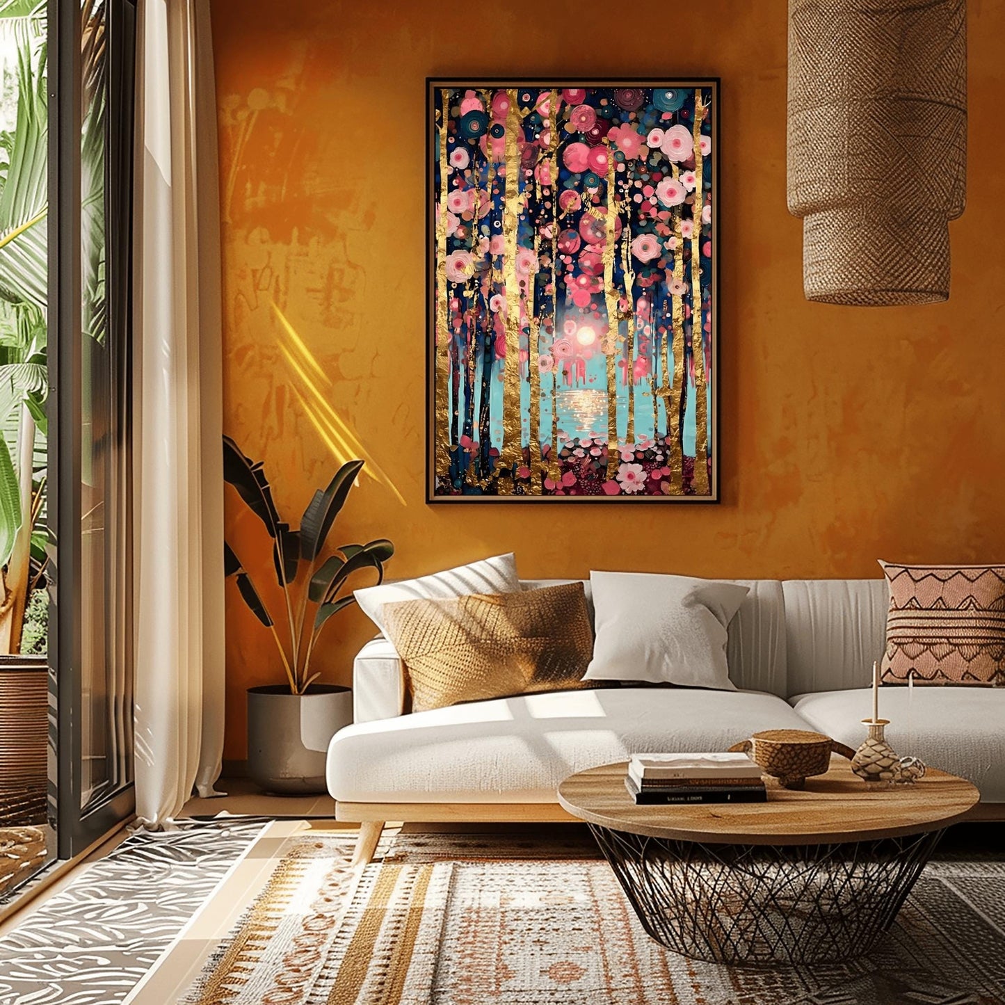 A vertical, highly detailed oil painting in the style of Gustav Klimt. Slender birch tree trunks with gold-leaf textures are surrounded by a dense field of pink, rose, and white circular floral mosaics. In the background, a soft sun reflects over a blue lake. The overall style is rich in texture with a sophisticated pink and gold color palette.