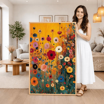 A vertical fine art print in the style of Gustav Klimt featuring a dense field of wildflowers. Red, blue, pink, and yellow flowers on long, thin green stalks grow against a solid amber-gold background. The painting features small ornamental dots and mosaic details throughout the meadow.