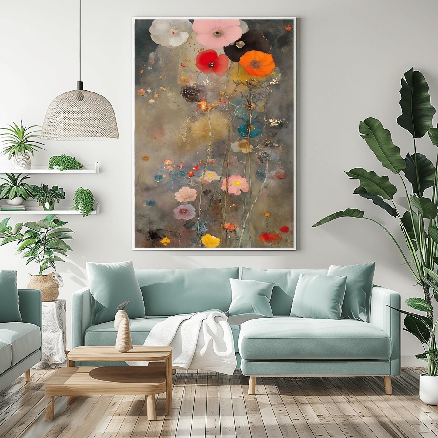 A vertical oil painting in the style of Gustav Klimt with an ethereal, muted twist. A cluster of large, soft-petaled poppies in coral, pink, and white rise from the bottom against a moody, textured grey and gold background. The painting features subtle splatters and impressionist brushwork, creating a dreamy, atmospheric garden scene.