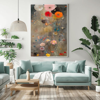 A vertical oil painting in the style of Gustav Klimt with an ethereal, muted twist. A cluster of large, soft-petaled poppies in coral, pink, and white rise from the bottom against a moody, textured grey and gold background. The painting features subtle splatters and impressionist brushwork, creating a dreamy, atmospheric garden scene.