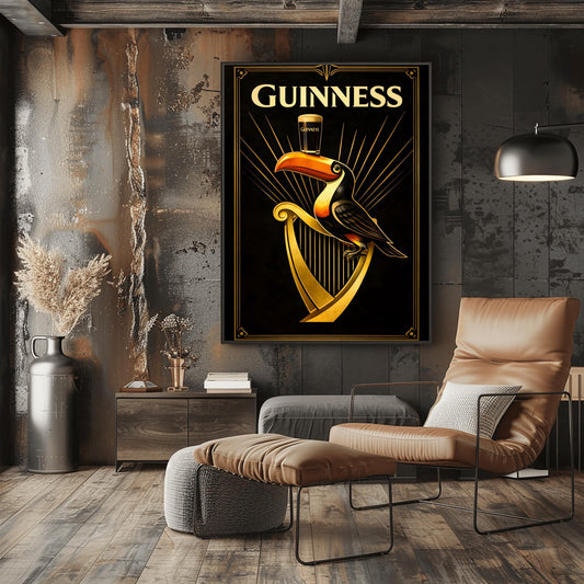 A vertical Art Deco style poster for Guinness. A colorful toucan perches on a large golden harp against a black background. Golden rays of light radiate from behind the toucan, which is balancing a pint of beer on its beak. The word "GUINNESS" is written in large gold letters at the top.