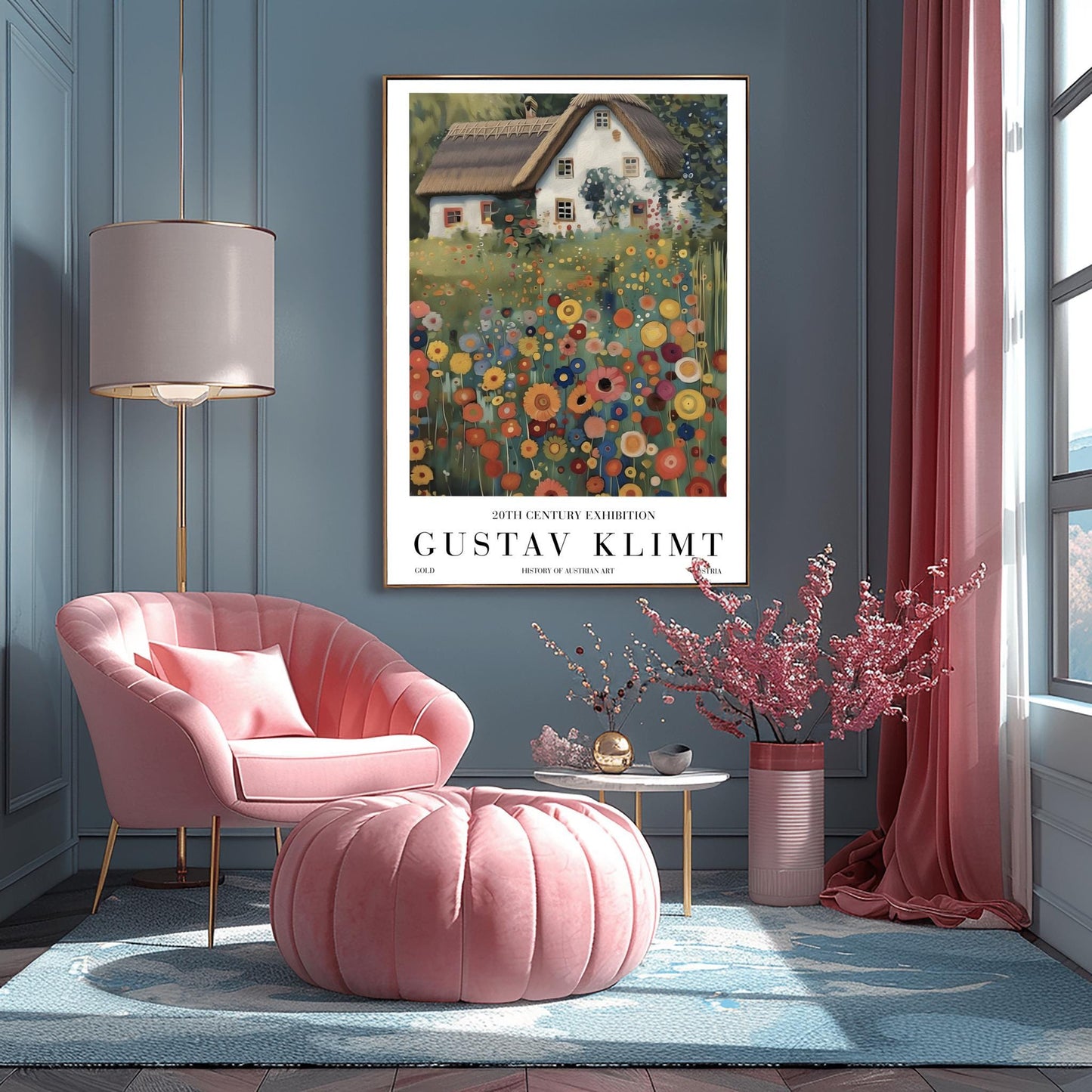 A vertical oil painting in the style of Gustav Klimt. A white-washed cottage with a brown thatched roof sits behind a dense field of colorful, circular wildflowers in shades of orange, red, blue, and yellow. The style features heavy, decorative textures and subtle golden highlights throughout the garden and roof.