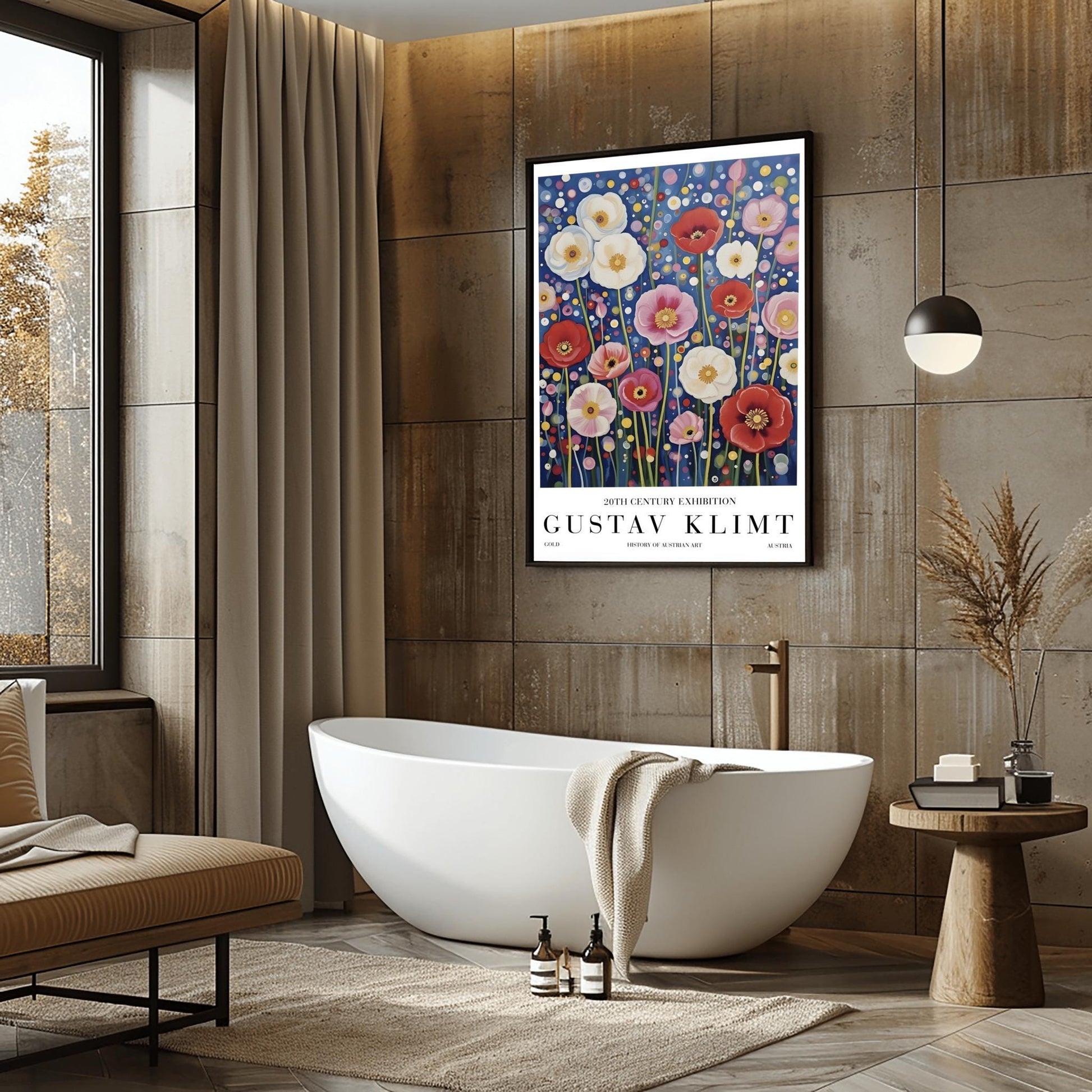 A vertical exhibition-style poster featuring a field of poppies in the style of Gustav Klimt. Large white, red, and pink flowers bloom on slender green stems against a dark navy background filled with shimmering gold and cream mosaic dots. The bottom margin features elegant typography reading "GUSTAV KLIMT" and "20TH CENTURY EXHIBITION."
