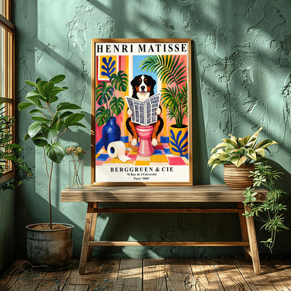A vertical retro exhibition poster for Henri Matisse set on a wide cream border. The central image shows a colorful, painterly Fauvism illustration of a fluffy black, white, and tan Bernese Mountain Dog sitting on a pink toilet. The dog is looking forward with a slight smile while holding open a large newspaper titled "LE JOURNAL DE PARIS". The background is a bright, sunlit bathroom with pink and yellow walls, a checkered tile floor, a framed blue coral print