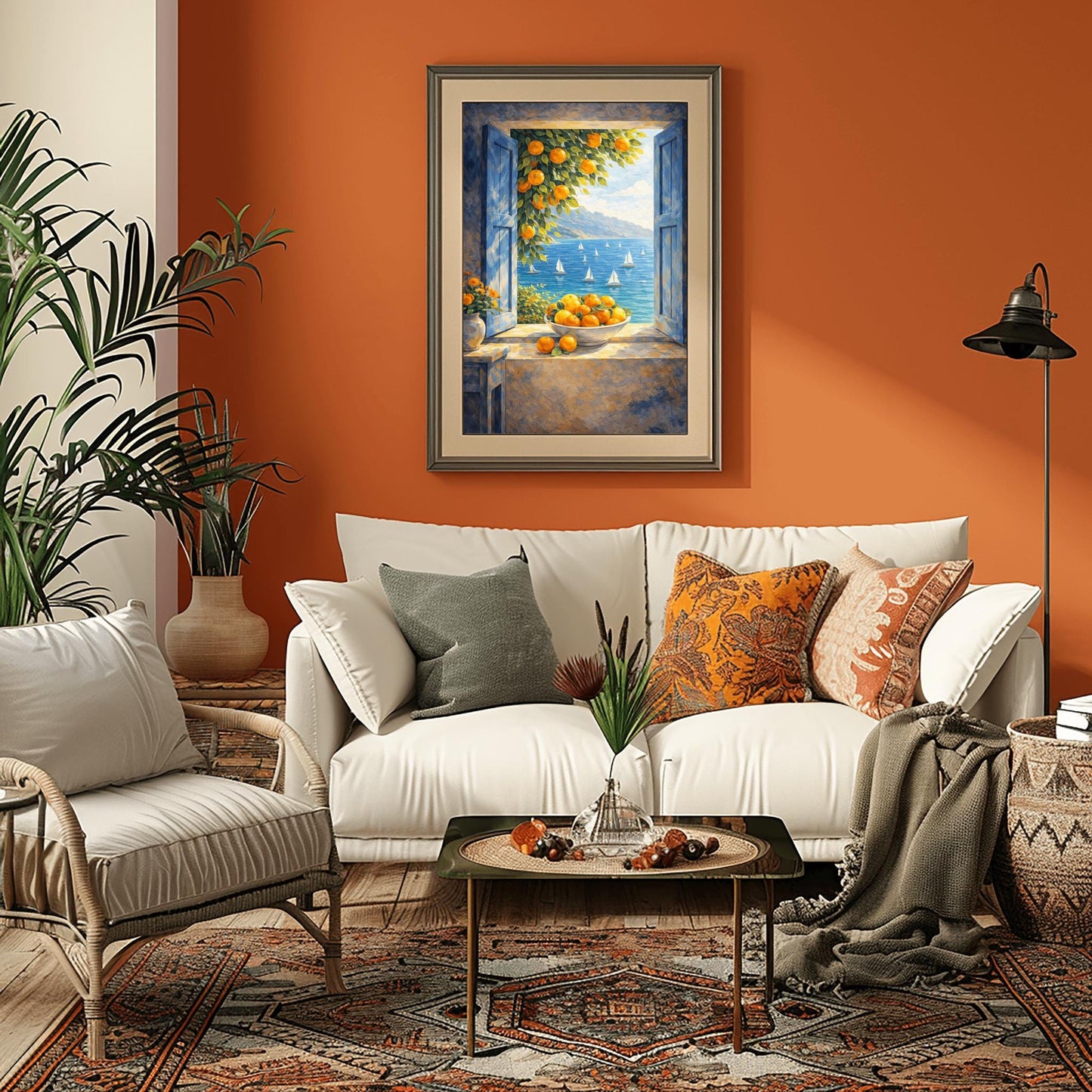 A vertical painterly illustration of an open window with blue shutters looking out at a sea with many sailboats. On the windowsill sits a large bowl overflowing with oranges. A branch with oranges hangs from the top, and a vase of yellow flowers is on a table to the left.