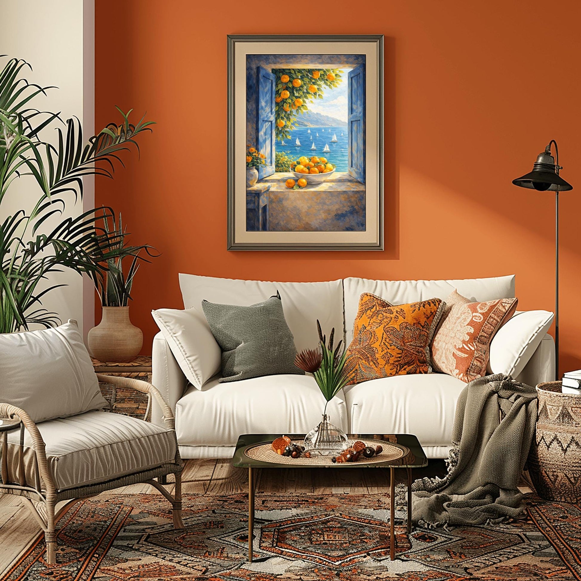 A vertical painterly illustration of an open window with blue shutters looking out at a sea with many sailboats. On the windowsill sits a large bowl overflowing with oranges. A branch with oranges hangs from the top, and a vase of yellow flowers is on a table to the left.