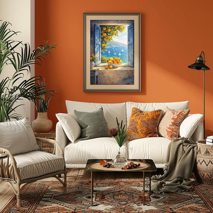 A vertical painterly illustration of an open window with blue shutters looking out at a sea with many sailboats. On the windowsill sits a large bowl overflowing with oranges. A branch with oranges hangs from the top, and a vase of yellow flowers is on a table to the left.