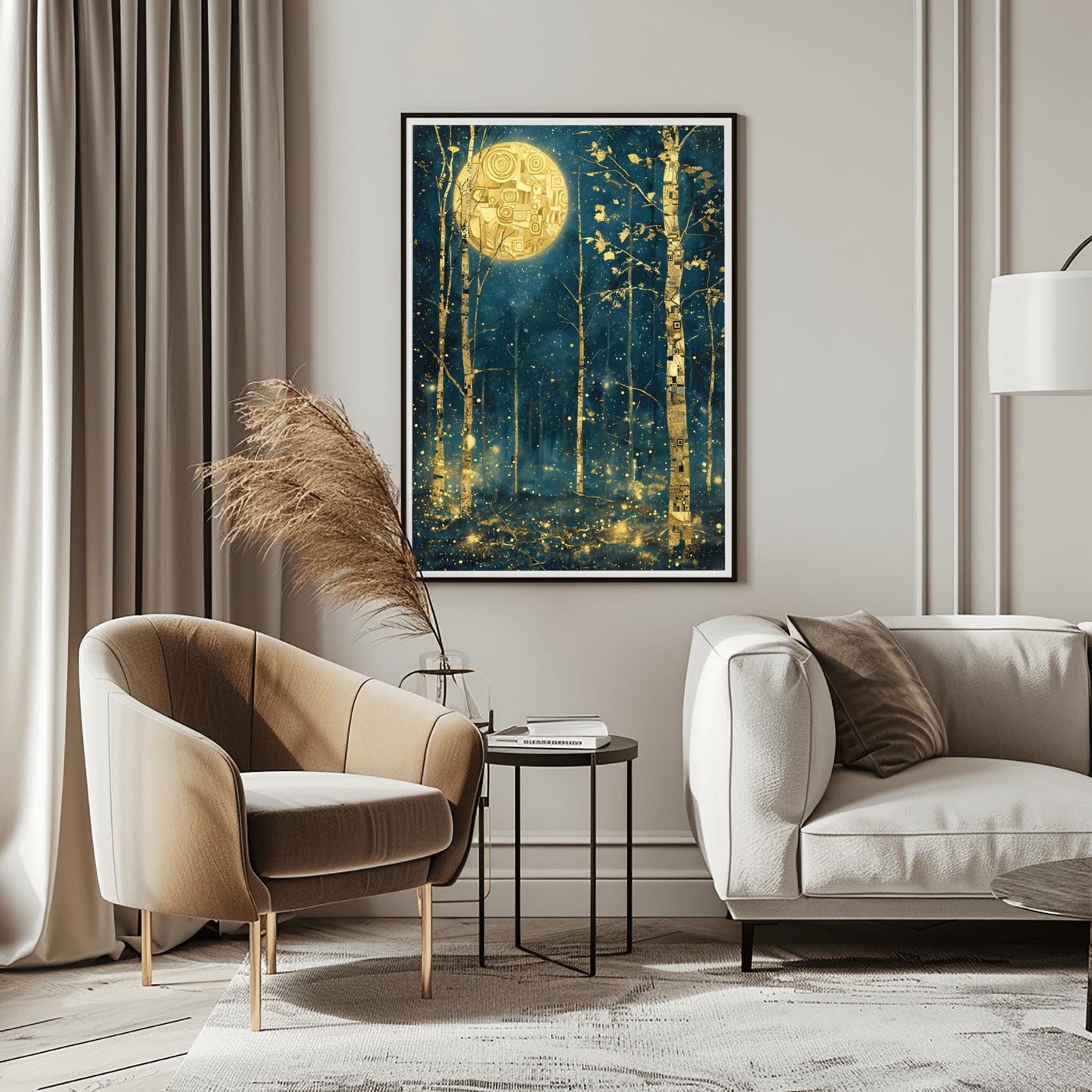 A vertical painting in the style of Gustav Klimt. Slender birch trees with gold-leaf bark and black geometric patterns stand in a dark navy forest at night. A large, bright gold moon with mosaic spirals hangs in the sky. The air is filled with glowing golden dots and fireflies. The overall style is rich in texture and golden ornamentation against a deep blue background.