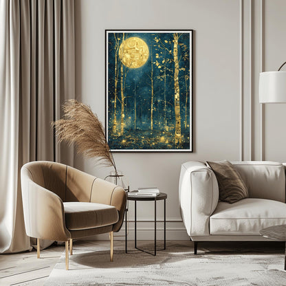 A vertical painting in the style of Gustav Klimt. Slender birch trees with gold-leaf bark and black geometric patterns stand in a dark navy forest at night. A large, bright gold moon with mosaic spirals hangs in the sky. The air is filled with glowing golden dots and fireflies. The overall style is rich in texture and golden ornamentation against a deep blue background.