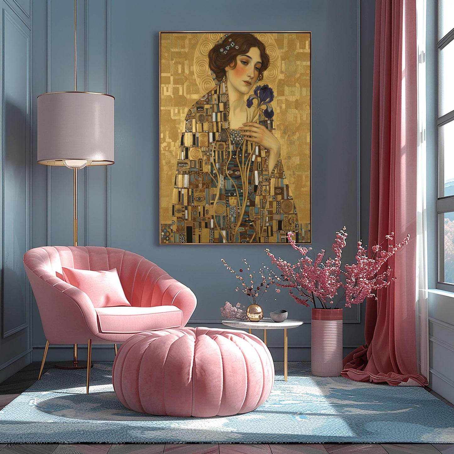 A vertical fine art portrait in the style of Gustav Klimt. A woman with auburn hair and a serene expression holds a deep purple iris. She wears an intricate robe made of gold and blue mosaic patterns with "eye" motifs. She is set against a textured gold leaf background with a large golden halo behind her head.